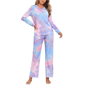 Women's Pajama Set Tie Dye Two Piece Long Sleeve Tops and Pants Sleepwear Soft Loungewear Pjs - 1 of 4