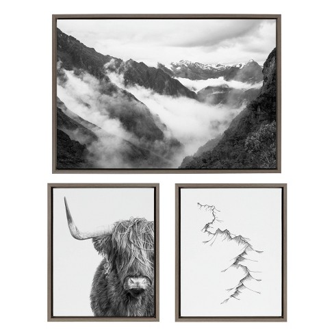 set Of 3) 23 X 33 Sylvie Highland Cow Mountains And Inca Trail Framed  Canvas Set Gray - Kate & Laurel All Things Decor : Target