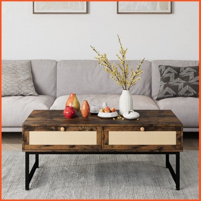 Homhougo Rattan Coffee Table with 2 Drawer 45.6'' Wood Coffee Table with Storage Boho Dining Table with Rattan Drawer