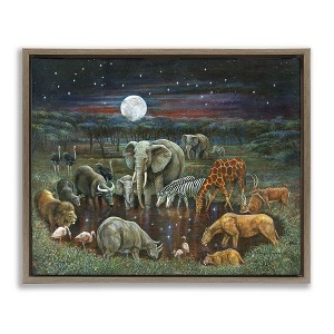 Stupell Industries Animal Pairs at Watering Hole Floating Frame Canvas Art - 1 of 4