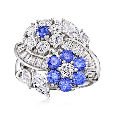 Ross-Simons 2.70 ct. t.w. CZ and 1.10 ct. t.w. Simulated Tanzanite Floral Ring in Sterling Silver