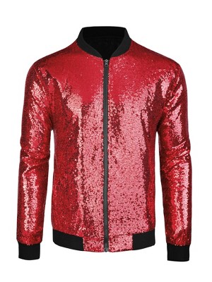 Unique Bargains Men's Long Sleeves Sequin Varsity Zipper Bomber Jacket, Size: Medium, Silver