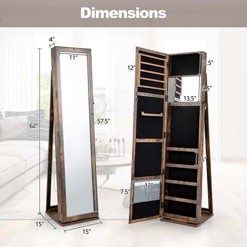 Costway Mirrored Jewelry Cabinet Armoire Lockable Standing Storage Organizer with Shelf, 3 of 11