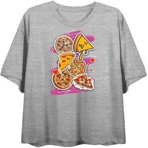 Love At First Bite Pizza Stickers Women's Crew Neck Short Sleeve Top - 1 of 3