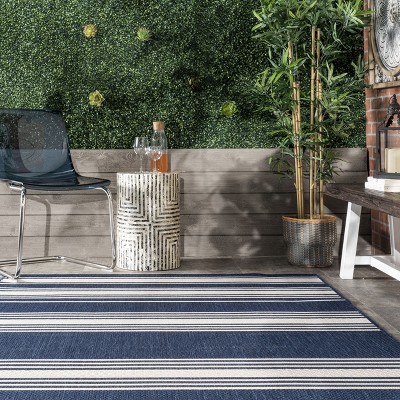 Navy and White Round Synthetic Striped Area Rug, 6' 7"