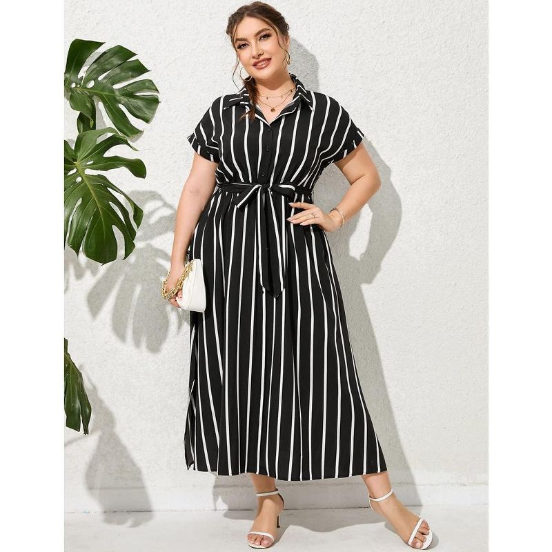 Plus Size Maxi Dresses for Women Summer Tie Belt Work Polo Dress Business Casual Button Down Dress, 2 of 6
