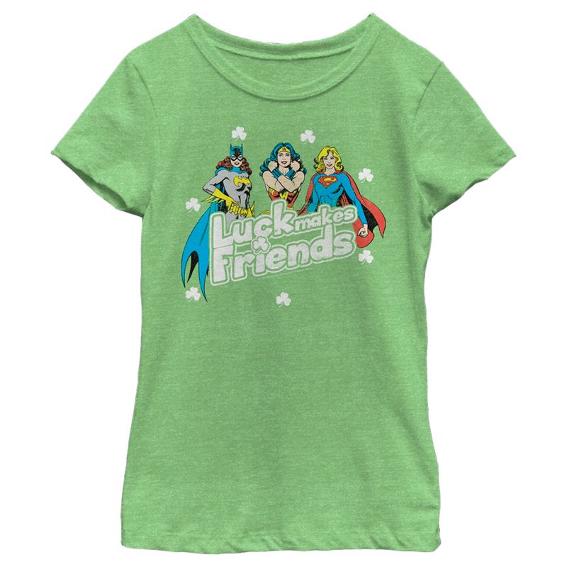 Girl's Justice League St. Patrick's Day Luck Makes Friends T-Shirt, 1 of 5