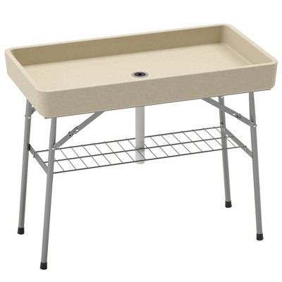 Outsunny 3.4ft Folding Ice Cooler Table with Drain, Fill and Chill Table Outdoor Table Cooler with Storage Shelf, Drink Cooler for Parties Picnic BBQ Camping Wedding