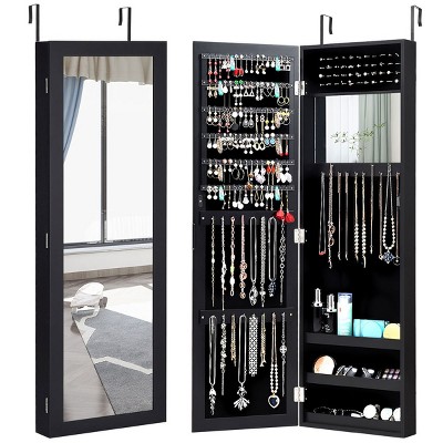 Costway Wall Door Mounted Mirrored Jewelry Cabinet Storage Organizer-Black