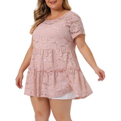 Agnes Orinda Women's Plus Size Tiered Lace Allover Round Neck Short Sleeve  Mesh Peplum Blouses Pale Pink 1x : Target