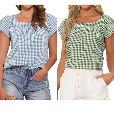 INSPIRE CHIC Women's Summer Square Neck Gingham Cap Sleeve Blouses 2 Packs