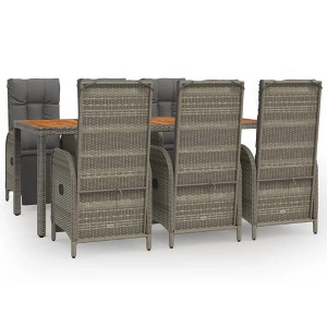 vidaXL 7 Piece Patio Dining Set - Contemporary Outdoor Furniture Set with Reclining Garden Chairs, Acacia Wood Tabletop and Cushions, Gray Poly Rattan - 1 of 4