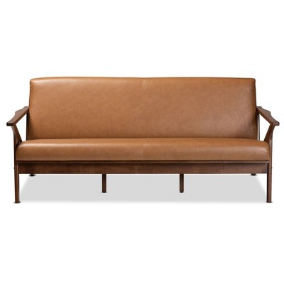 Bianca Wood and Tan Faux Leather Sofa Tan/Walnut Brown - Baxton Studio