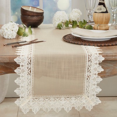 Taupe Lace Trimmed Polyester Table Runner 16" x 72"