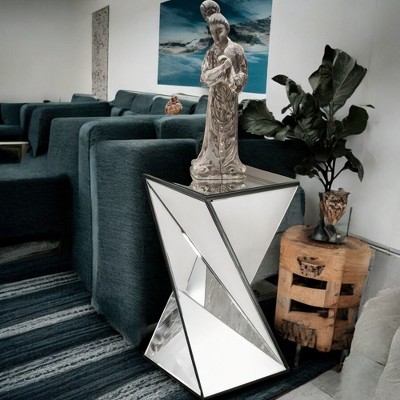 Alilang 13.75 Inch Modern Geometric Mirrored Side Table with Black Accents and Twisted Design-Clear,Silver and Clear