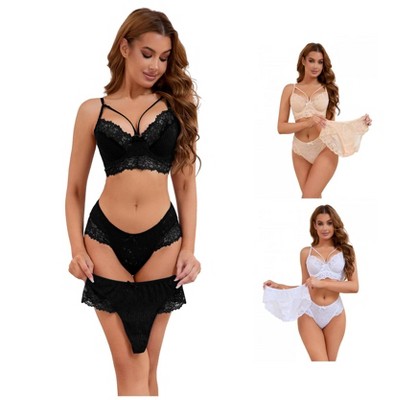 INSPIRE CHIC Women's 3 Sets Cross Straps Full Coverage Bralette and Panty Mesh Floral Lace Underwear Set