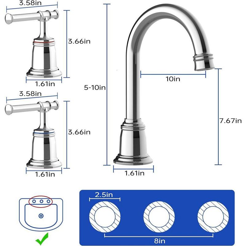 Whizmax Classical 8 inch Bathroom Faucet with Pop Up Drain and Lead-Free Hose, Bathroom Faucets for Sink 3 Holes, 2-pc, 2 of 7