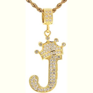 Gold J Letter Necklace - Crown Pendant with 23" Chain, Hip Hop Gift for Men Women - 1 of 4