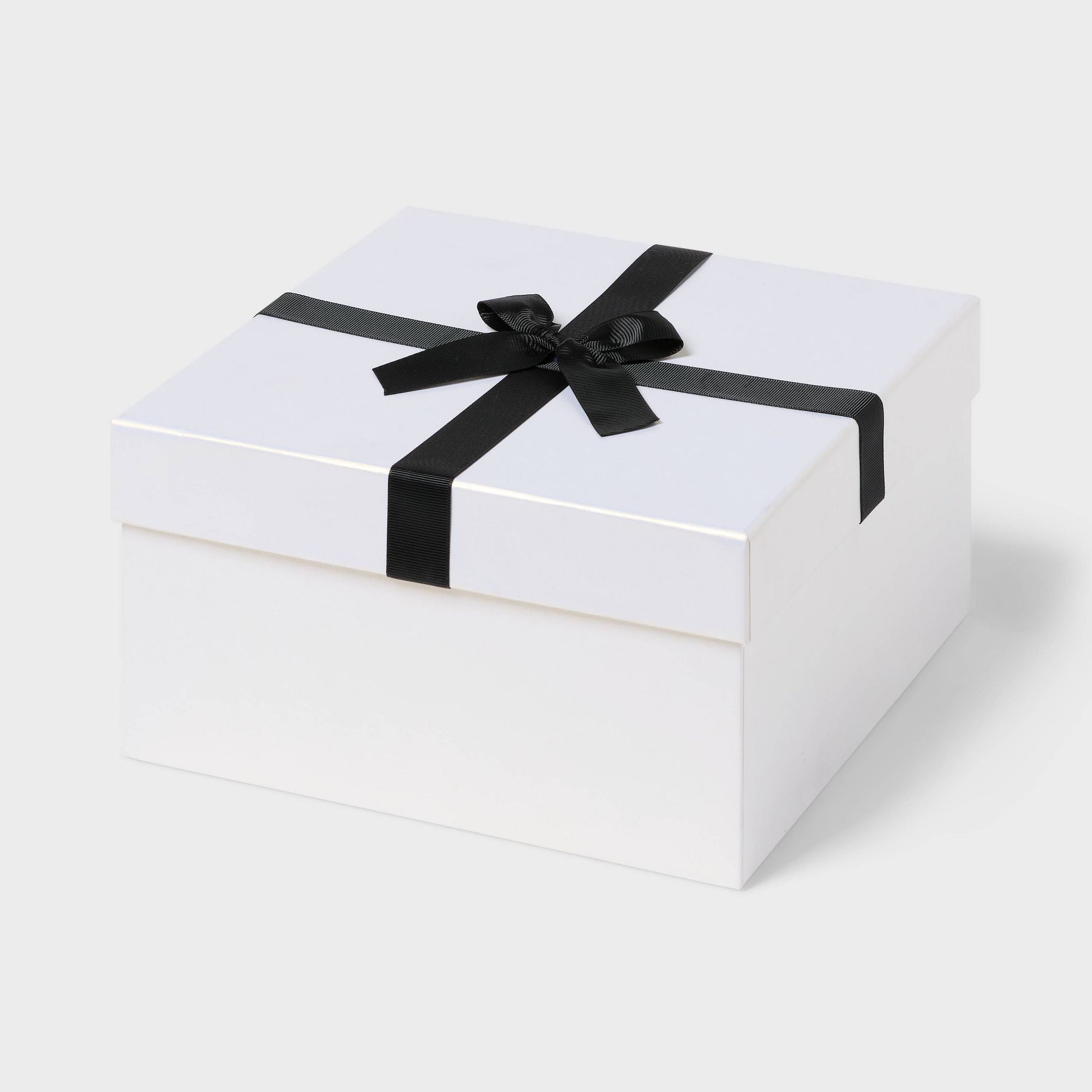 10"x10"x5" Pearlized Square Gift Box with Grosgrain Bow Ivory/Black- Spritz™