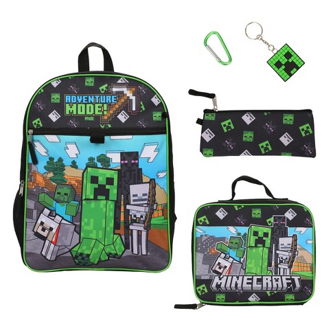 Minecraft 5-Piece Set: 16” Backpack, Lunchbox, Utility Case, Rubber  Keychain, and Carabiner