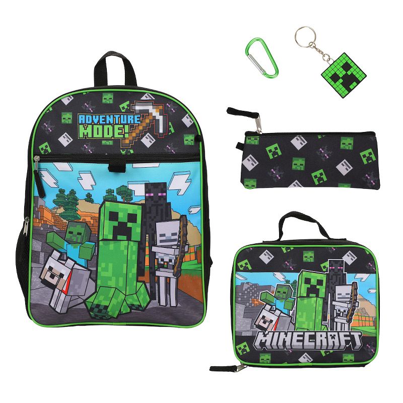 Minecraft 5-Piece Set: 16" Backpack, Lunchbox, Utility Case, Rubber Keychain, and Carabiner, 1 of 8