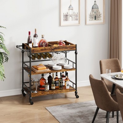 GAOMON 3-Tier Rolling Bar Cart with Wheels, Metal Serving Cart with Wine Rack & Removable Tray for Home, Kitchen, Dining Room, and Living Area-Brown
