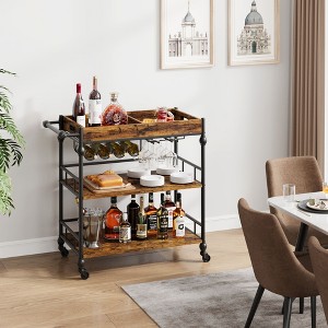 GAOMON 3-Tier Rolling Bar Cart with Wheels, Metal Serving Cart with Wine Rack & Removable Tray for Home, Kitchen, Dining Room, and Living Area-Brown - 1 of 4