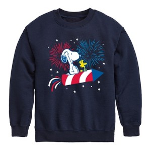 Boys' - Peanuts - Snoopy And Woodstock Fireworks Graphic Long Sleeve Fleece Sweatshirt - 1 of 4