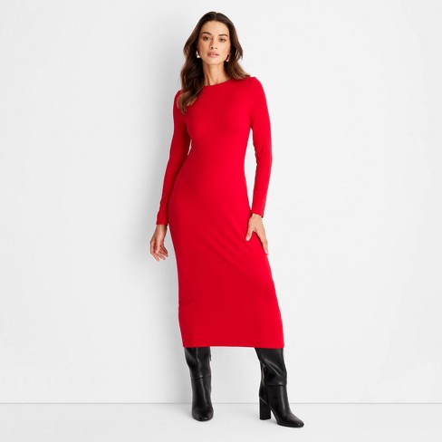 Women s Long Sleeve Ribbed Midi Bodycon Dress A New Day Red Xl Target