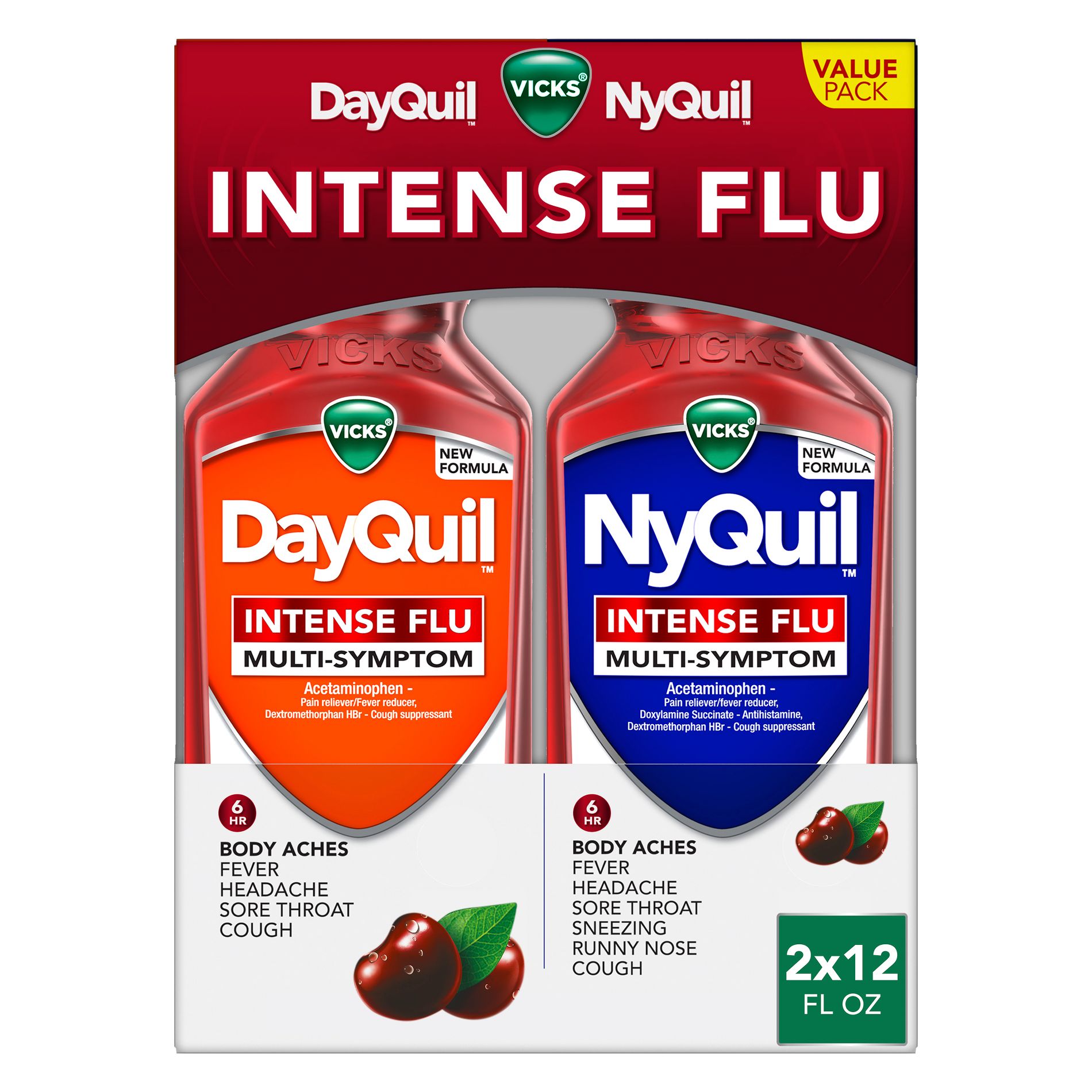 Vicks Intense Flu Warming Combo Syrup - Acetaminophen - Black Cherry - 24 fl oz