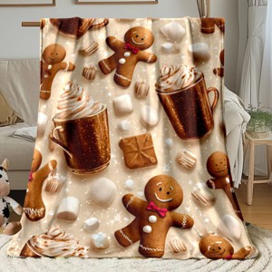Lomsoe Christmas Flannel Blanket - Marshmallows & Candy Cane Design in Brown/Beige for Couch Bedspread, Travel. - 1 of 4
