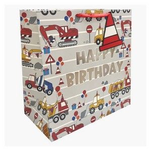 Bows And Sparkles Large Square Foil Print 'Happy Birthday' Vehicles Gift Bag with Tag White - 1 of 3