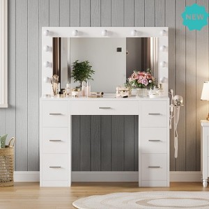 Jojoka White Vanity Desk with Mirror & 11 LED Lights, Makeup Table with 7 Drawers, Charging Station & Adjustable Lighting - 1 of 4