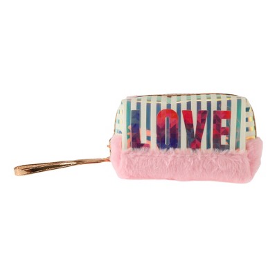 Unique Bargains Women Vertical Stripes LOVE Makeup Bag Pink 1 Pc