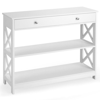 Costway 3-Tier Console Table X-Design Sofa Entryway Table w/Drawer & Shelves White