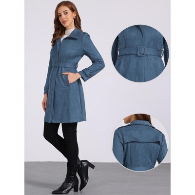 INSPIRE CHIC Women's Faux Suede Belted Long Zipper Jacket Small Blue — фото 2