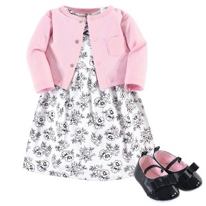 Hudson Baby Infant Girl Cotton Dress, Cardigan and Shoe 3pc Set, Toile, 0-3 Months - 1 of 4