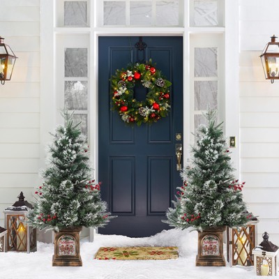 Christmas Trees Artificial Pre-Lit with Red Berries, Snow Flocked Tips, Deer lightbox Box,Includes Pot Base,Easy Installation Festive Table Decor