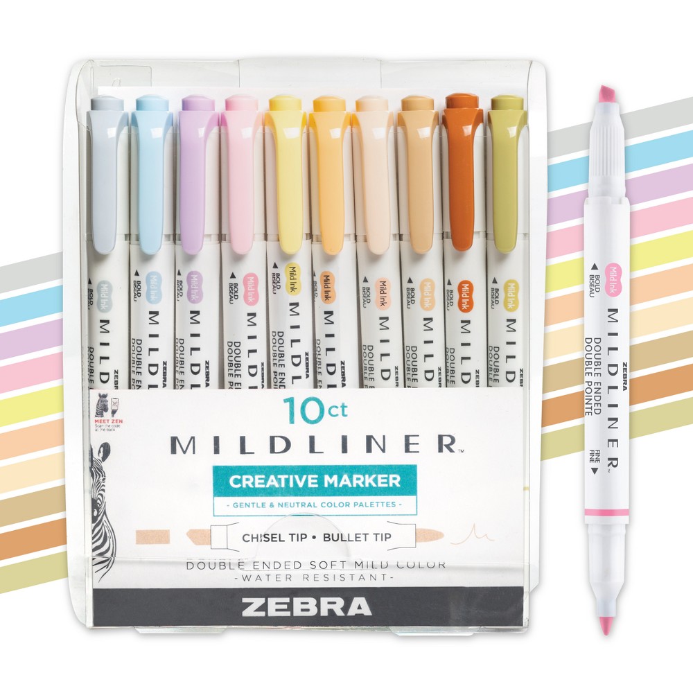 Zebra 10ct Highlighters Midliner Double Ended: Multicolored Art & Stationery Markers, 0.4mm Point, Ages 13+