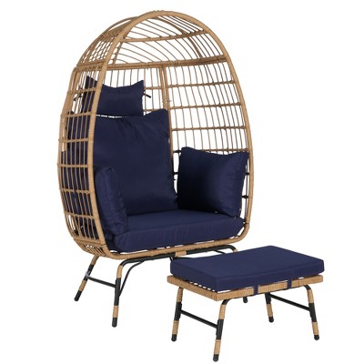 Infurnic Patio Accent Chairs, Outdoor Wicker Egg Chair with Soft Cushions and Footstool for Patio Backyard Living Room, Blue, 36.22"*27.2"*57.1"