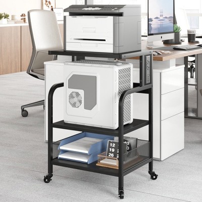 Under Desk Printer Stand with Wheels, 3-Tier Printer Table with Storage Shelves, Printer Cart with Power Outlets for Home Office