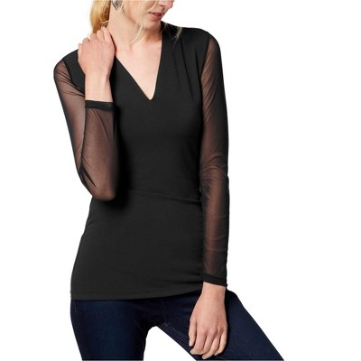 I.N.C International Concepts Womens Illusion-sleeve Ruffled Blouse, Black, X-Small