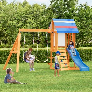 MOONMISS Wooden Outdoor Swing Set 3 in 1 Swing Set outdoor Children's Playset with Slide ,Baby Activity for Garden, Backyard and Playground,Blue - 1 of 4