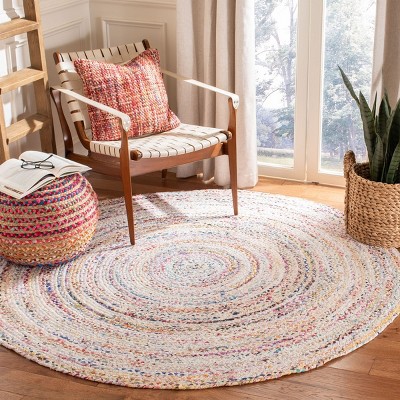 Ivory and Multicolor Braided Round Wool and Cotton Rug