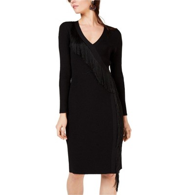 I.N.C International Concepts Womens Fringe Detail Sweater Dress, Black, Large
