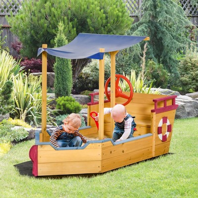 VYNXARIA Pirate Ship Sandbox with Cover and Rudder, Wooden Sandbox with Storage Bench and Seat, Outdoor Toy for Kids Ages 3-8 Years Old