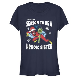 Juniors Womens Marvel Christmas Spider-Woman Heroic Sister T-Shirt - 1 of 3