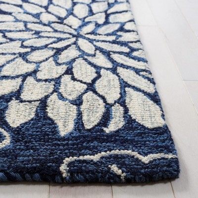 Navy and Ivory Floral Hand-Tufted Wool Runner Rug