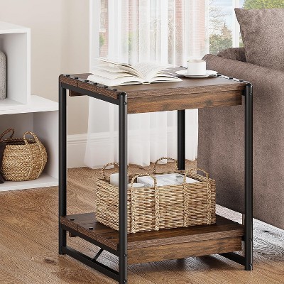 GustoWave 20" Large Square Farmhouse Gray Wood Storage Side Table with 2 Shelves - Bed Sofa Side Table/Nightside Table