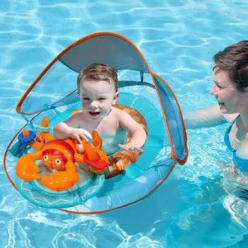 SwimWays 9 to 24 Months Step 1 Inflatable Baby Spring Pool Float Activity Center with Adjustable UPF 50 Sun Canopy & Toys, Lobste